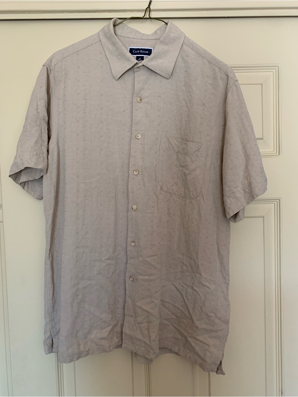 Club Room Silk Blend Short Sleeve Button Up Shirt Mens Medium Beige Tan Textured